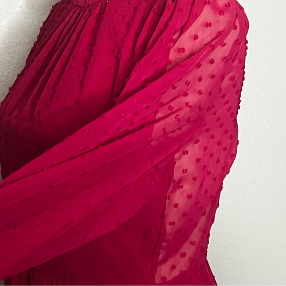 Trixxi High Neck Sheer Sleeve Dress Women M Red Magenta Tiered Ruffle Zip Midi - Picture 6 of 10